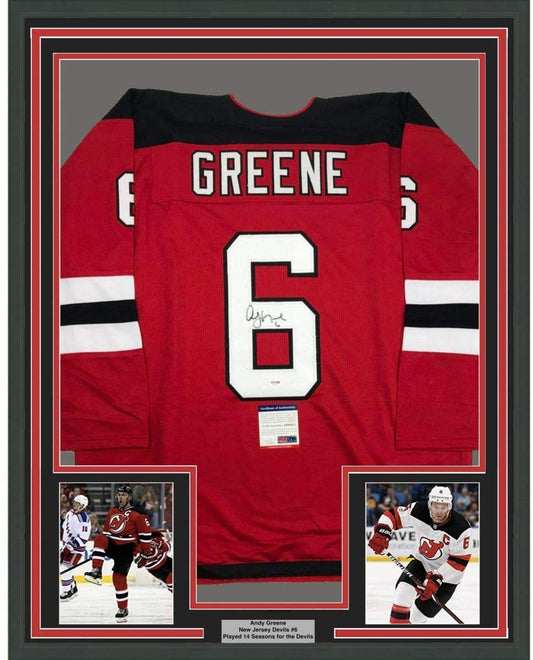 Framed Autographed/Signed Andy Greene 35x39 New Jersey Red Hockey Jersey PSA/DNA COA - Golden Apple Comics