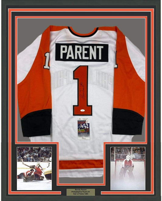 Framed Autographed/Signed Bernie Parent 35x39 Philadelphia White Hockey Jersey JSA COA - Golden Apple Comics