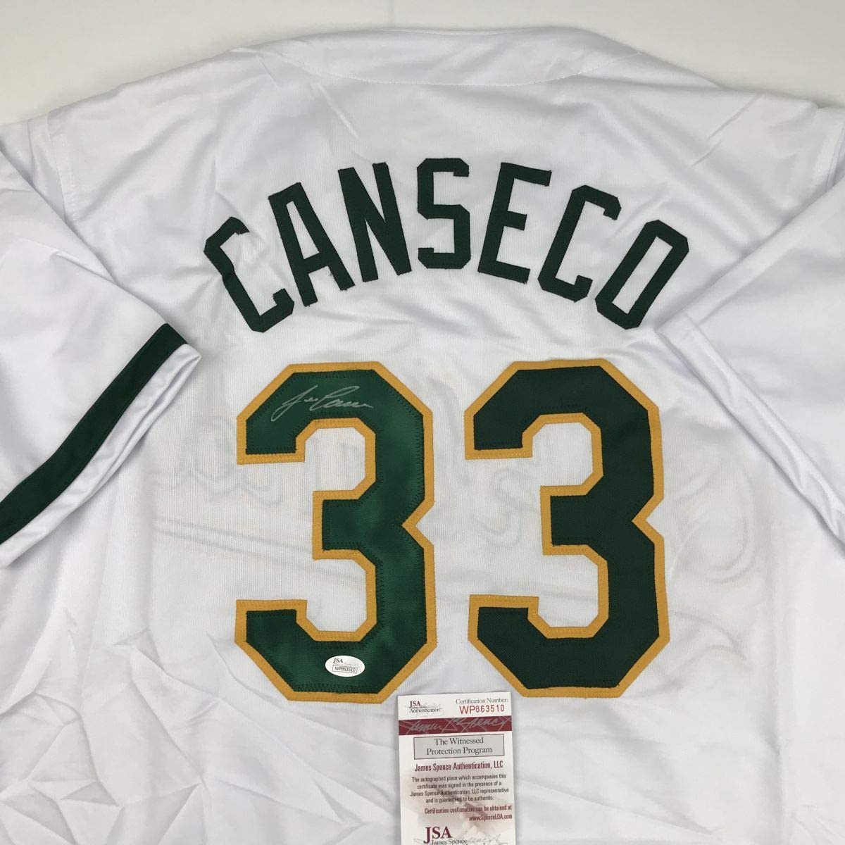 Autographed/Signed Jose Canseco Oakland White Baseball Jersey JSA COA