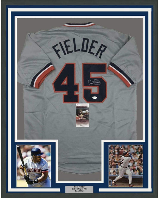 Framed Autographed/Signed Cecil Fielder 35x39 Detroit Grey Baseball Jersey JSA COA