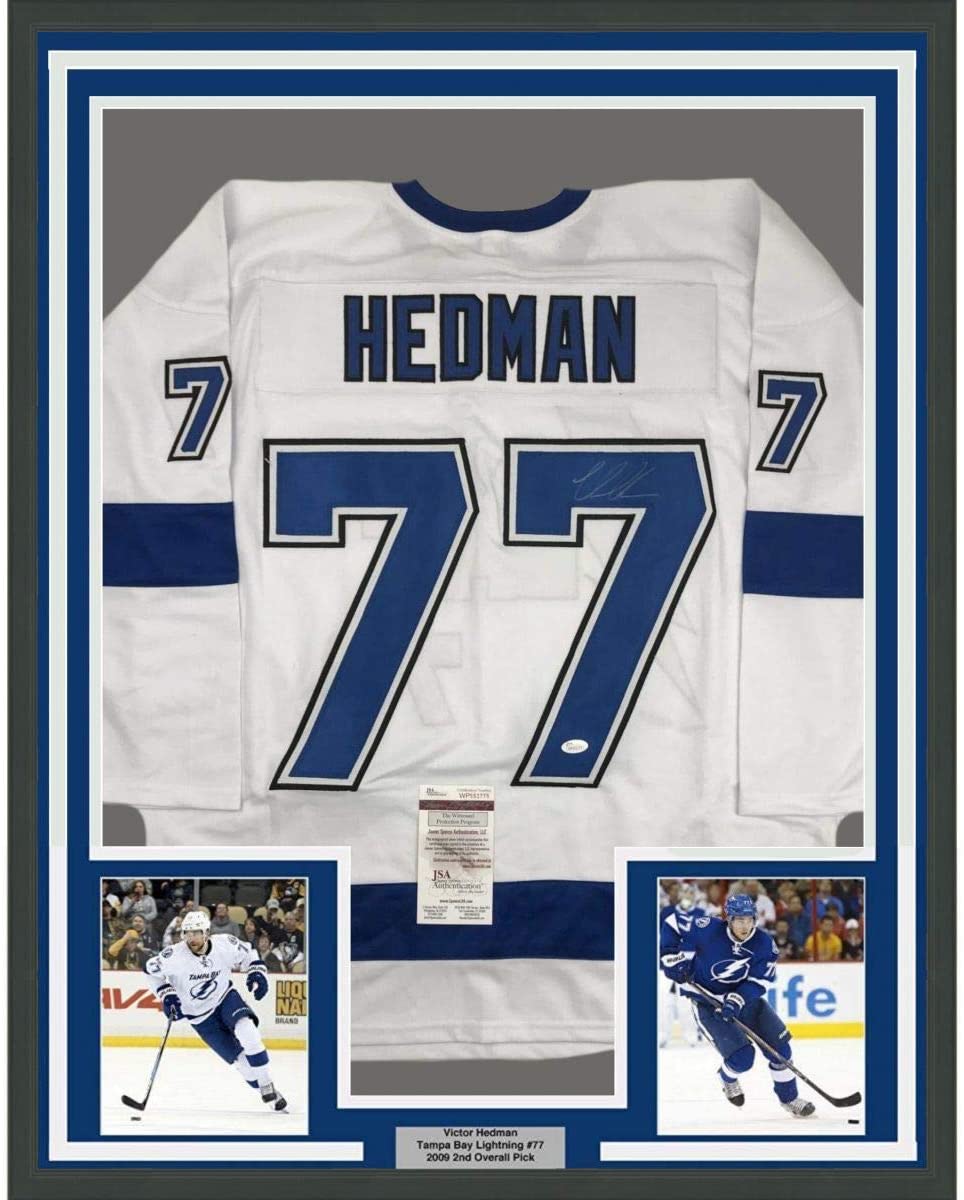 Framed Autographed/Signed Victor Hedman 35x39 Tampa Bay White Hockey Jersey JSA COA