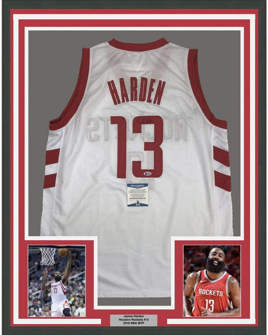 Framed Autographed/Signed James Harden 35x39 Houston White Basketball Jersey Beckett BAS COA