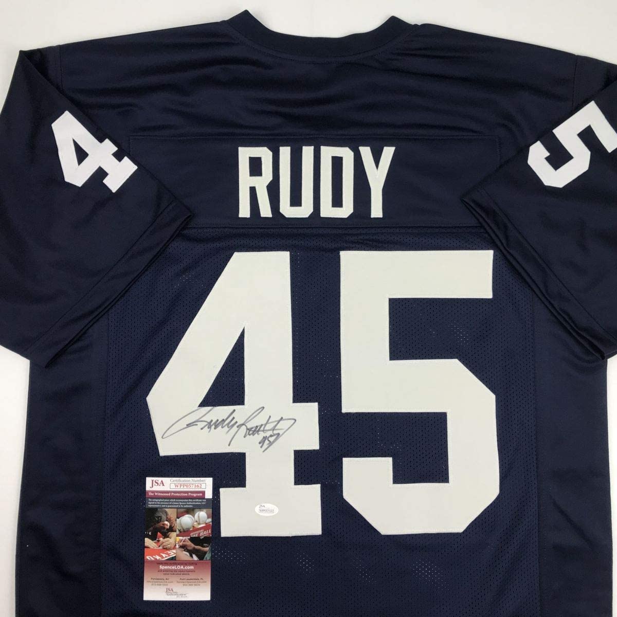 Autographed/Signed Rudy Ruettiger Notre Dame Blue Rudy College Football Jersey JSA COA