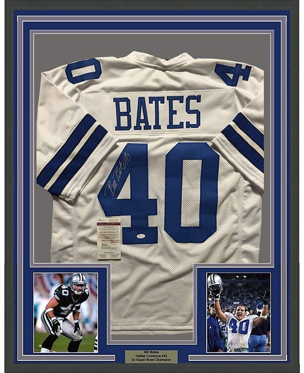 Framed Autographed/Signed Bill Bates 35x39 Dallas Cowboys White Football Jersey JSA COA