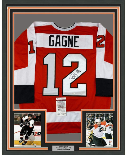 Framed Autographed/Signed Simon Gagne 35x39 Philadelphia Orange Hockey Jersey JSA COA - Golden Apple Comics
