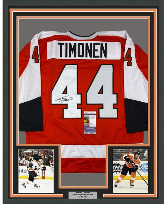 Framed Autographed/Signed Kimmo Timonen 35x39 Philadelphia Orange Hockey Jersey JSA COA - Golden Apple Comics