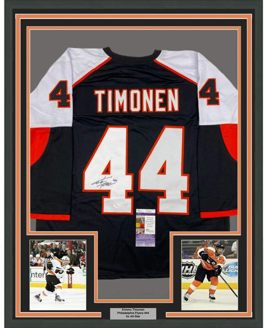 Framed Autographed/Signed Kimmo Timonen 35x39 Philadelphia Black Hockey Jersey JSA COA - Golden Apple Comics