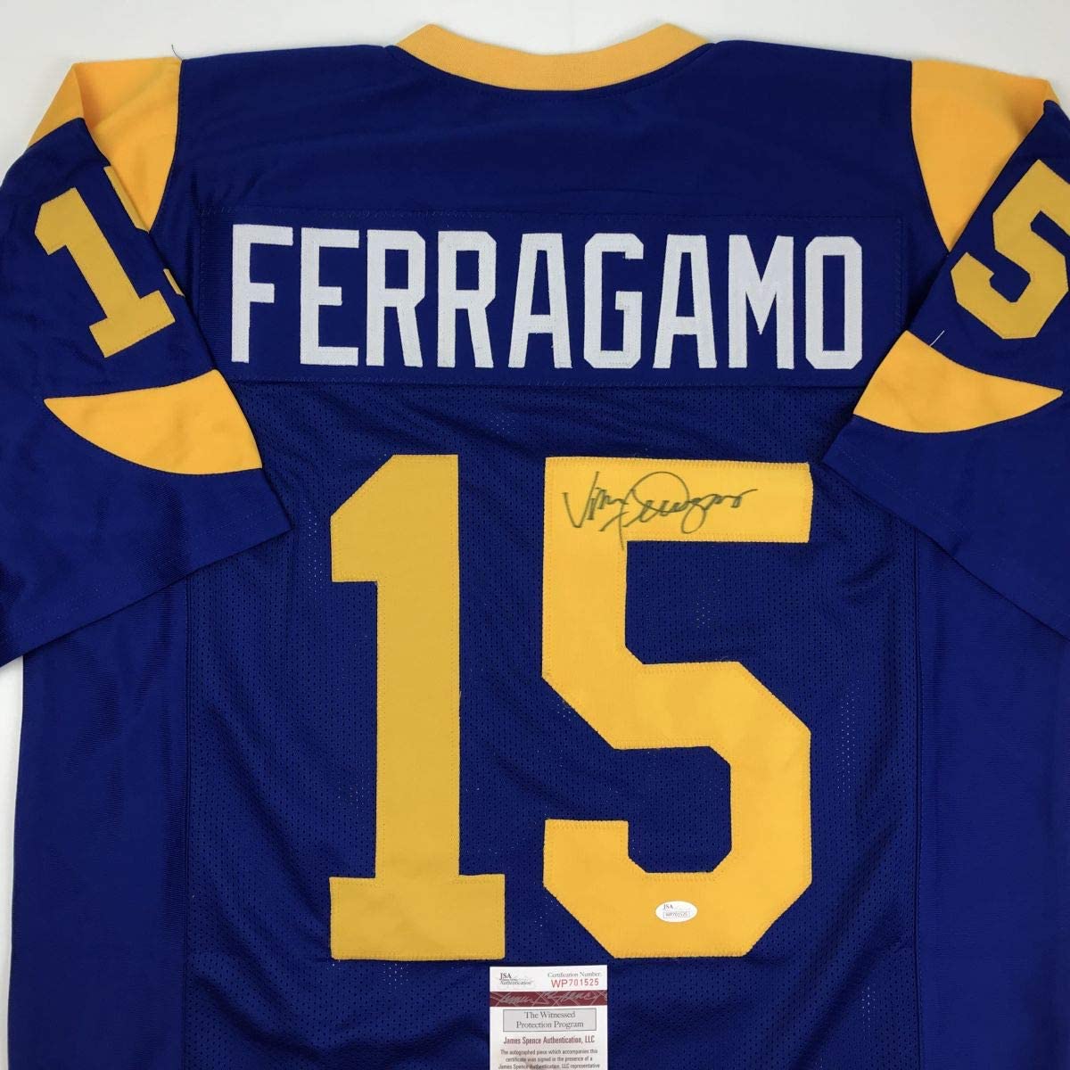 Autographed/Signed Vince Ferragamo Los Angeles LA Blue Football Jersey JSA COA
