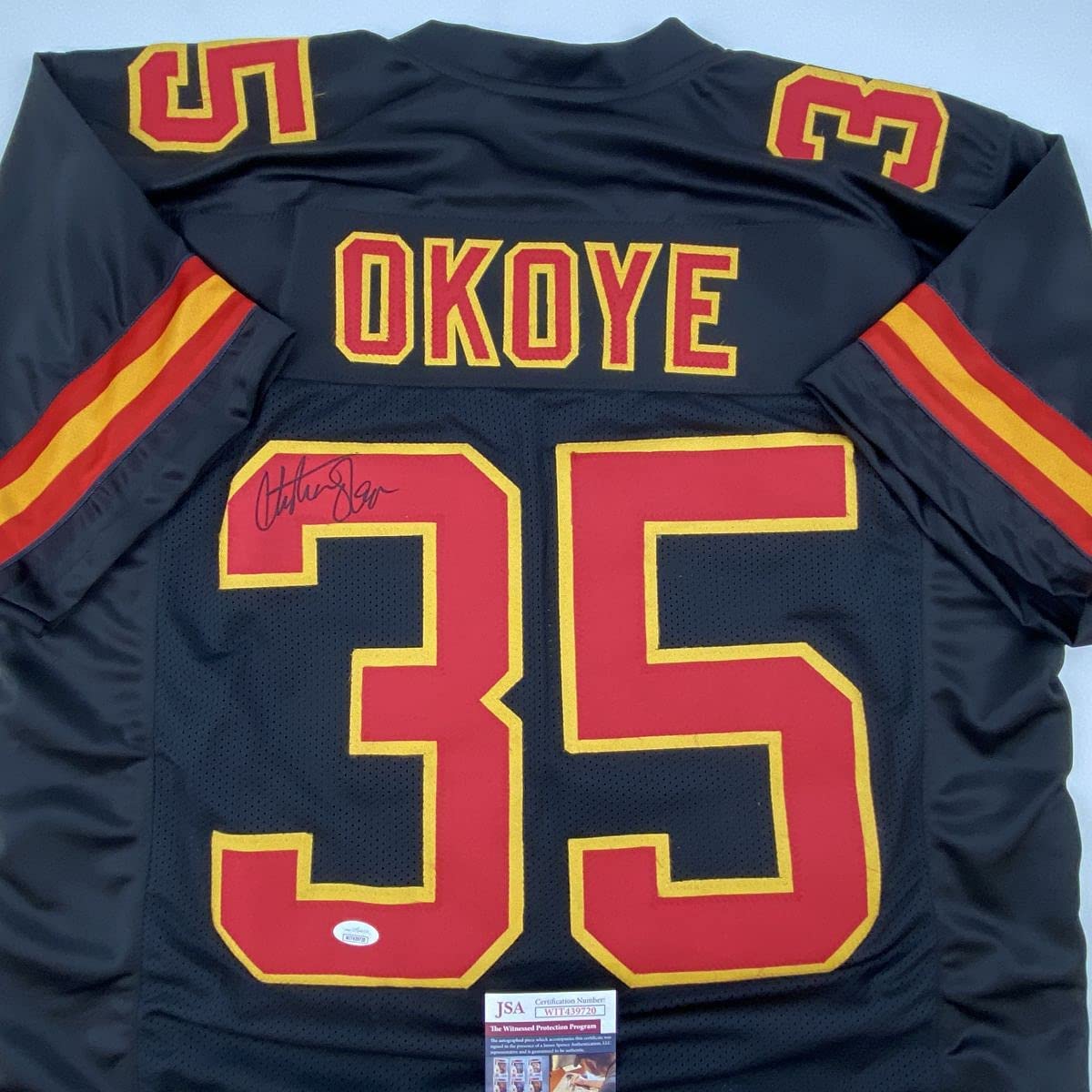 Autographed/Signed Christian Okoye Kansas City Black Football Jersey JSA COA