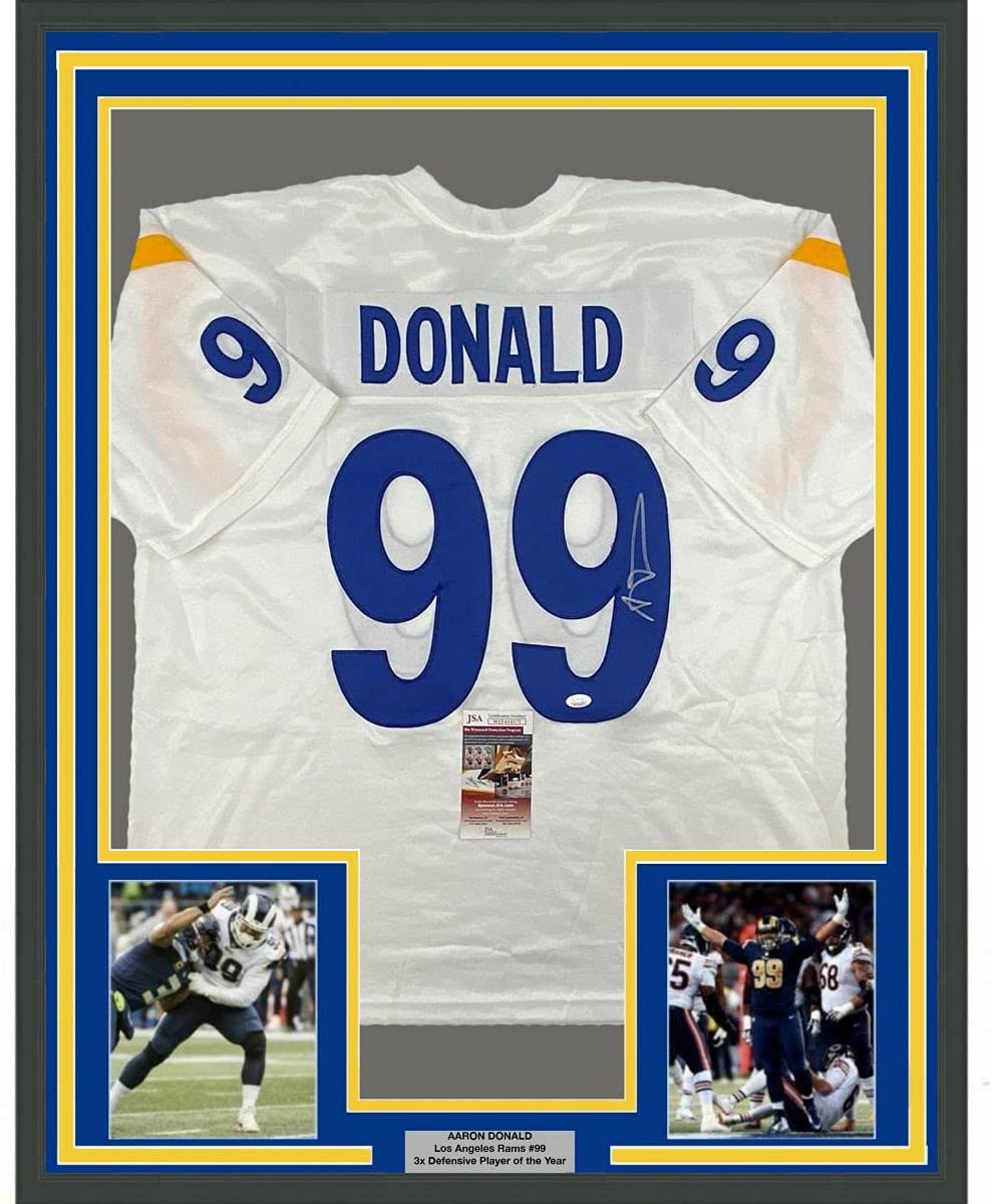 Framed Autographed/Signed Aaron Donald 35x39 Los Angeles LA White Football Jersey JSA COA