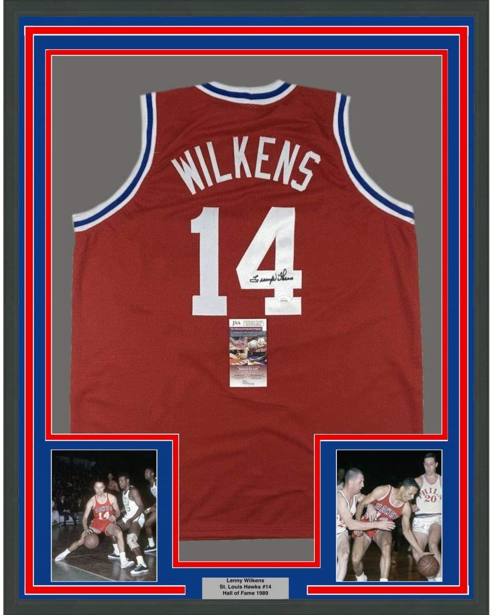 Framed Autographed/Signed Lenny Wilkens 35x39 St. Louis Red Basketball Jersey JSA COA