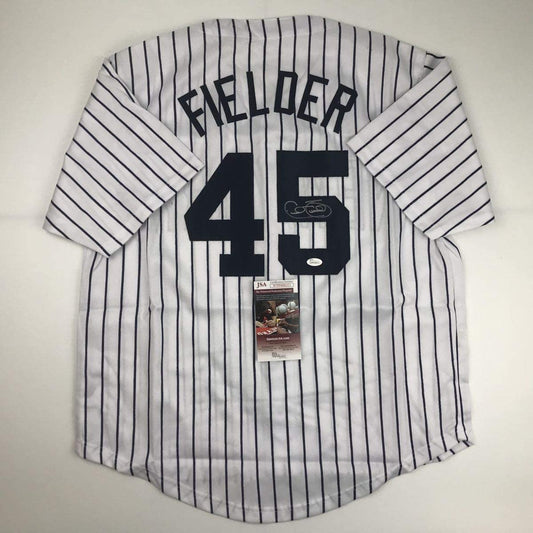Autographed/Signed Cecil Fielder New York Pinstripe Baseball Jersey JSA COA