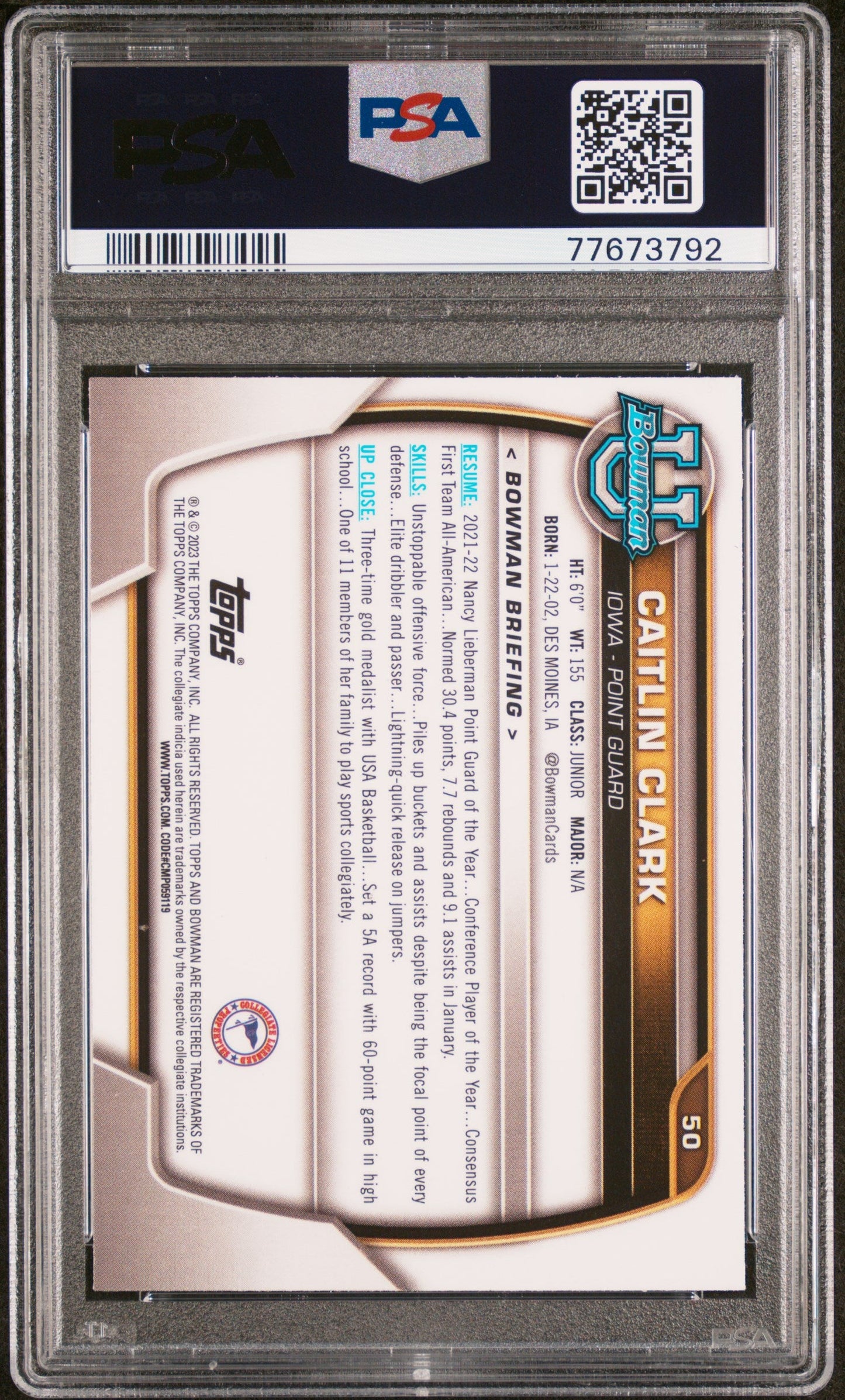 Graded 2022 Topps Bowman University Caitlin Clark #50 Rookie RC Basketball Card PSA 10 Gem Mint