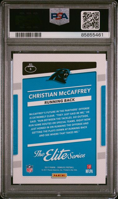 Graded 2017 Panini Donruss Christian McCaffrey #5 The Elite Series Rookies RC Football Card PSA 10 Gem Mint - Golden Apple Comics