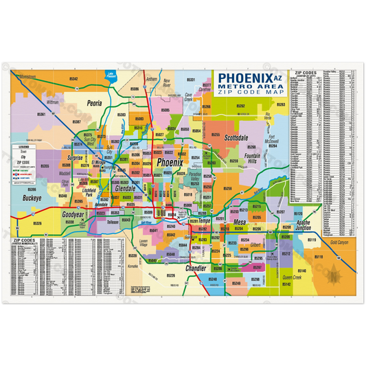 Phoenix Metro Area Zip Code Map - Zip Codes Colored - POSTER PRINTS