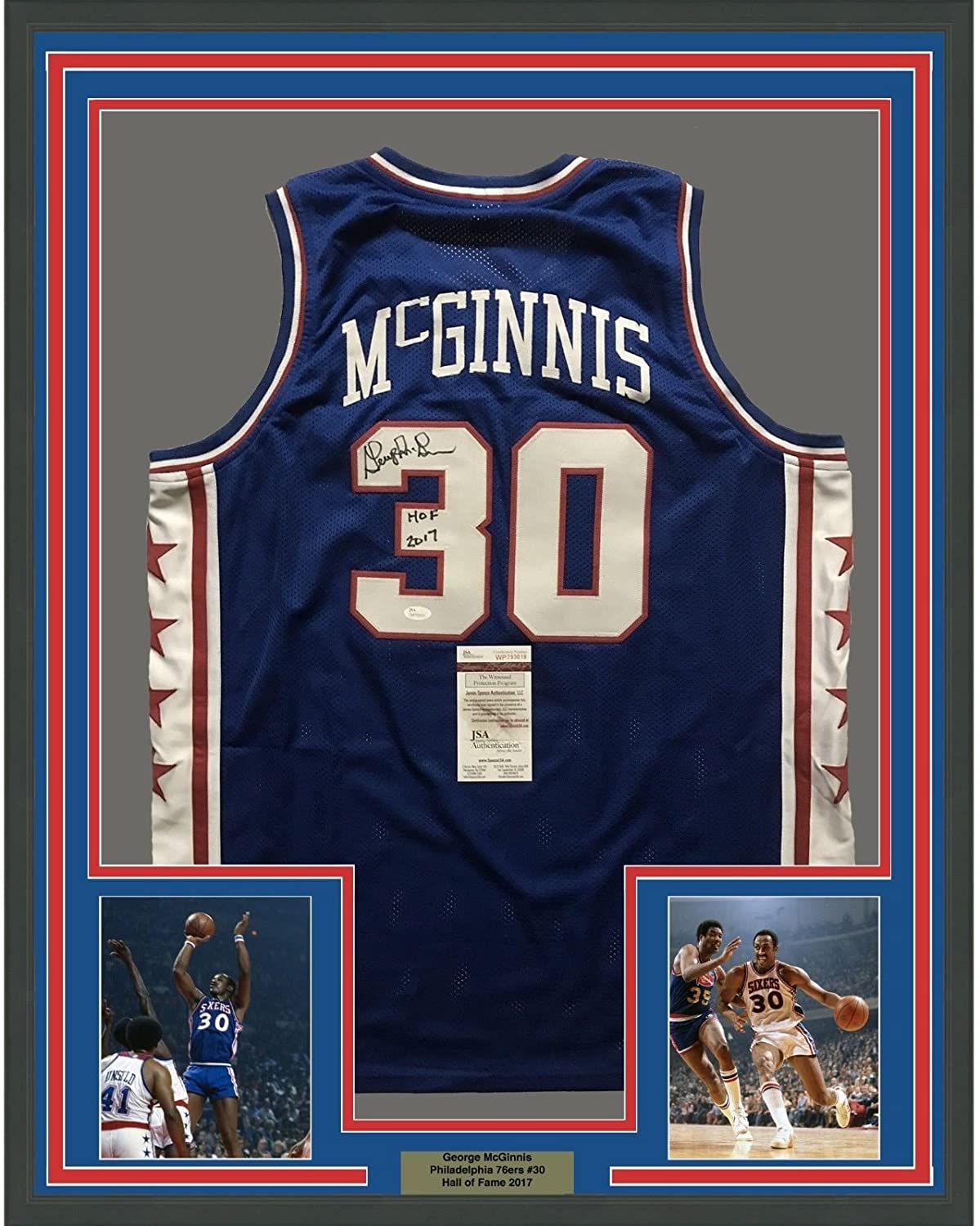 Framed Autographed/Signed George McGinnis HOF 2017  35x39 Philadelphia Blue Basketball Jersey JSA COA