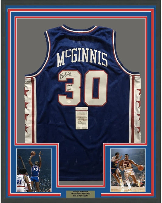 Framed Autographed/Signed George McGinnis HOF 2017  35x39 Philadelphia Blue Basketball Jersey JSA COA