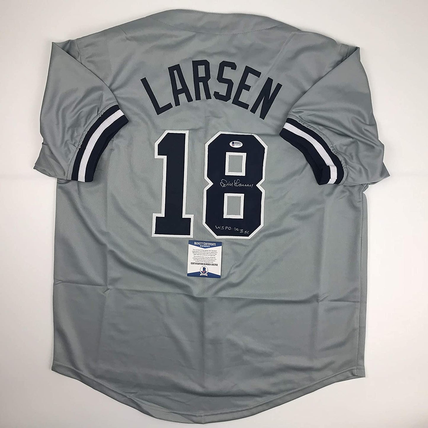 Autographed/Signed Don Larsen WS PG 10-8-56 New York Grey Baseball Jersey Beckett BAS COA