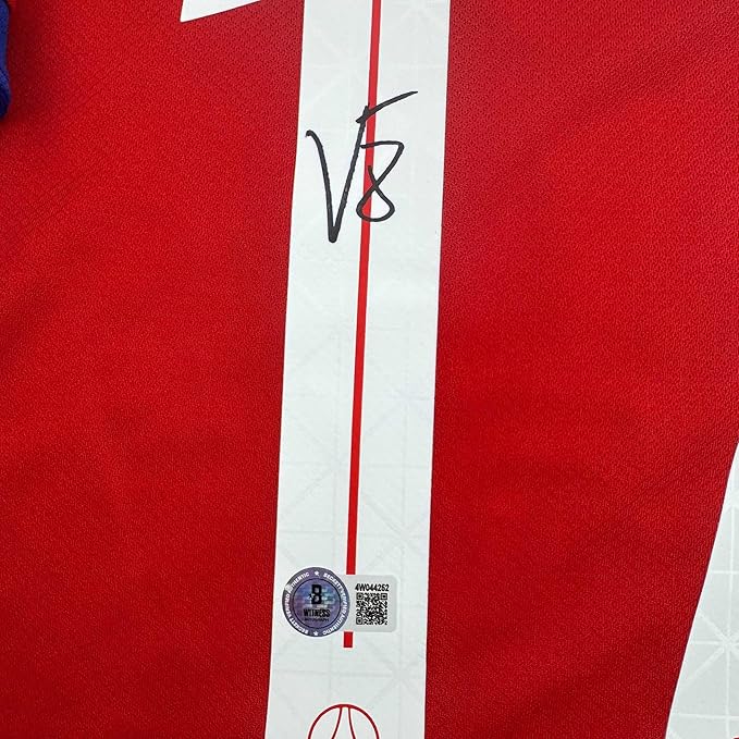 Framed Autographed/Signed Vitinha 35x39 PSG Paris Saint Germain Red Soccer Futbol Jersey Beckett BAS COA