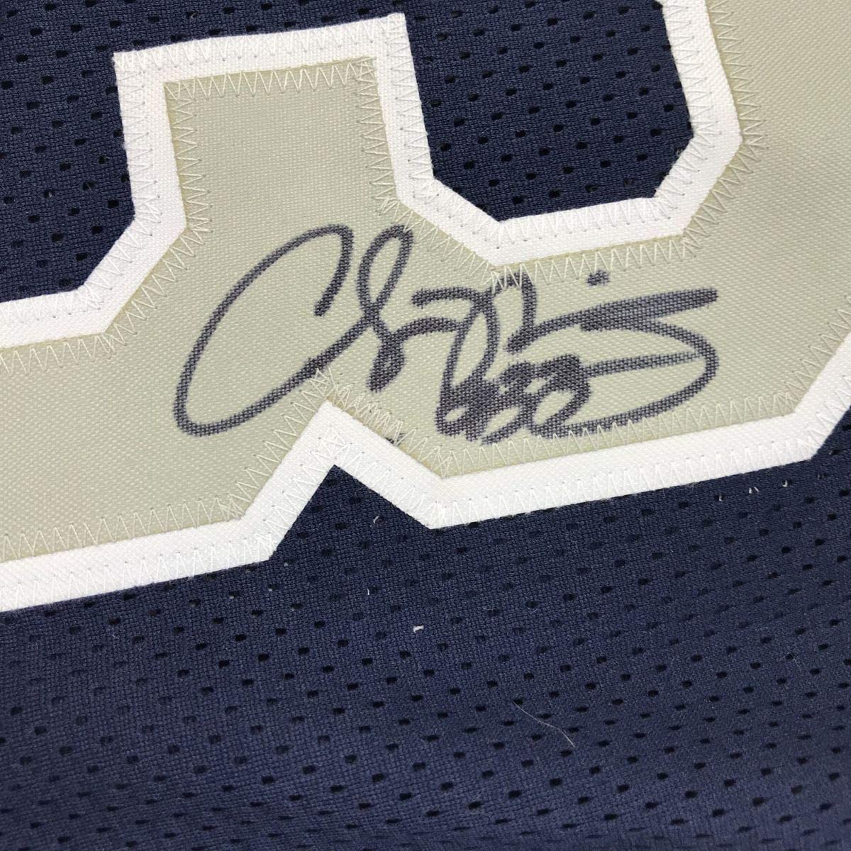 Framed Autographed/Signed Alonzo Mourning 35x39 Georgetown Blue College Basketball Jersey JSA COA