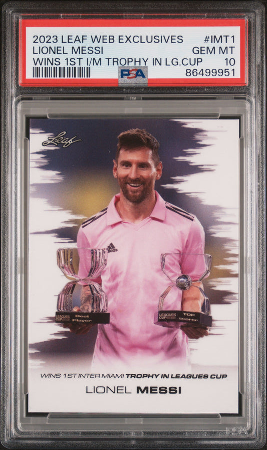 Graded 2023 Leaf Web Exclusives Lionel Messi #IMT1 Wins 1st Inter Miami Trophy in Leagues Cup Soccer Card PSA 10 Gem Mint - Golden Apple Comics