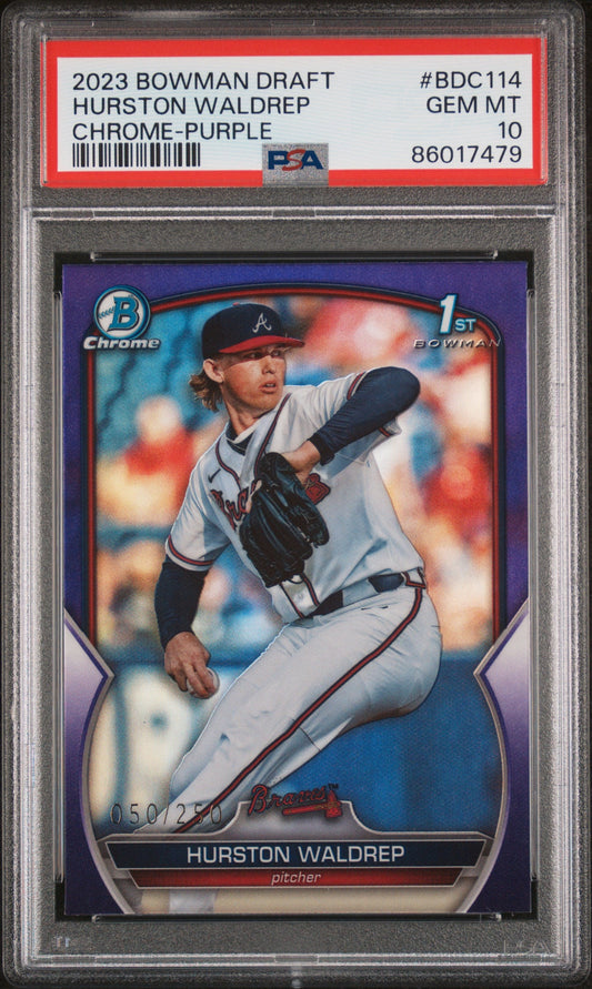 Graded 2023 Topps Bowman Draft Hurston Waldrep #BDC114 Chrome Purple /250 Rookie RC Baseball Card PSA 10 Gem Mint