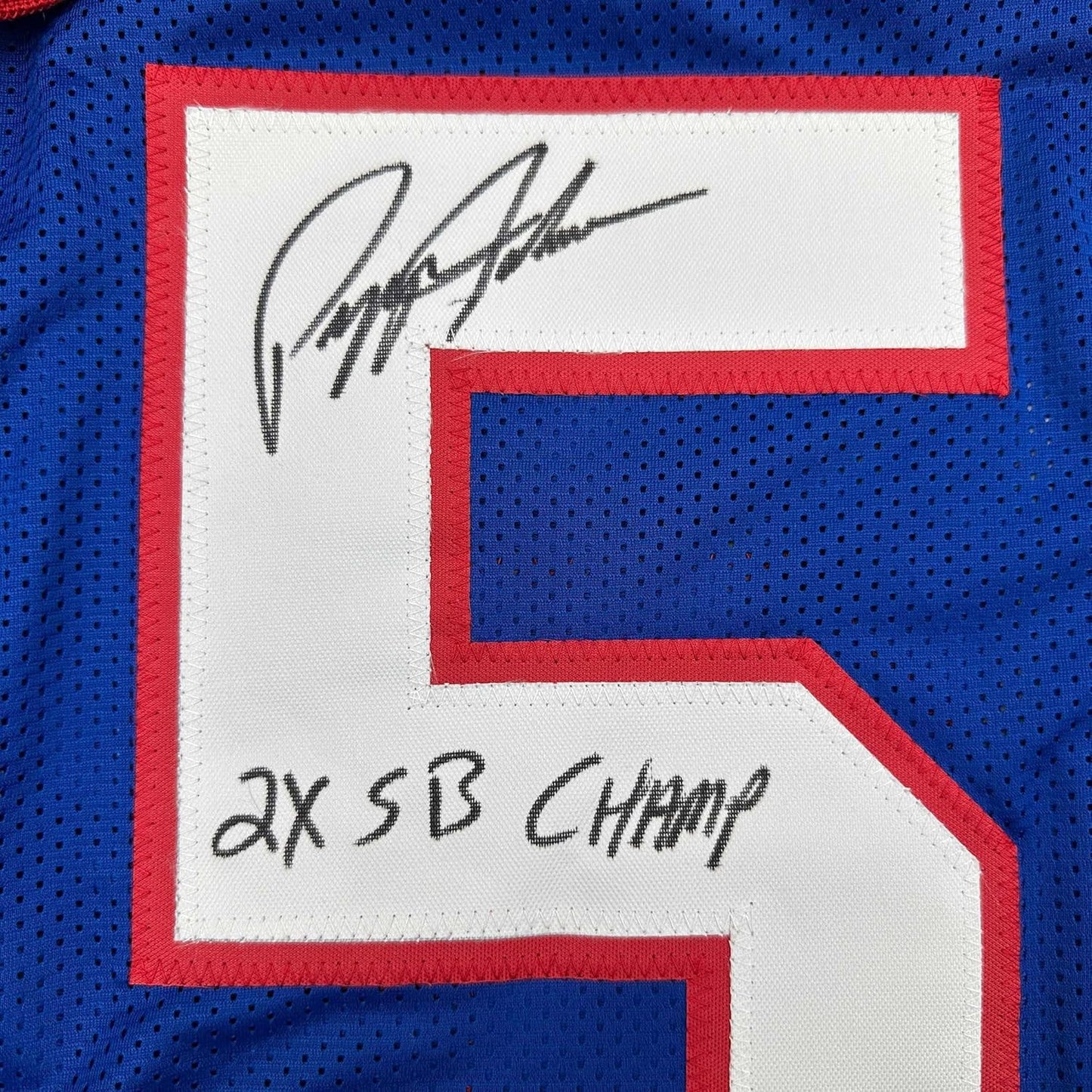 Framed Autographed/Signed Pepper Johnson 2x SB Champ 35x39 New York Blue Football Jersey Beckett BAS COA