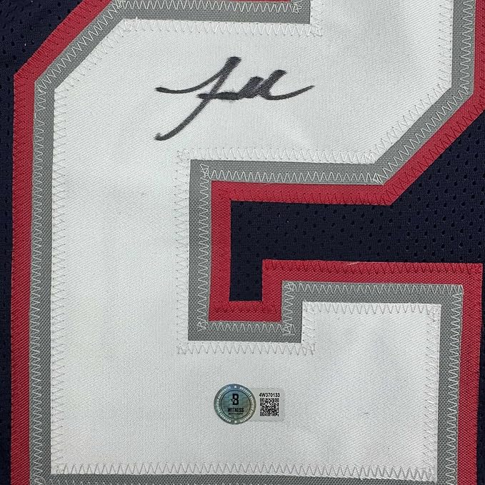 Framed Autographed/Signed Jaylinn Hawkins 35x39 New England Blue Football Jersey Beckett BAS COA - Golden Apple Comics