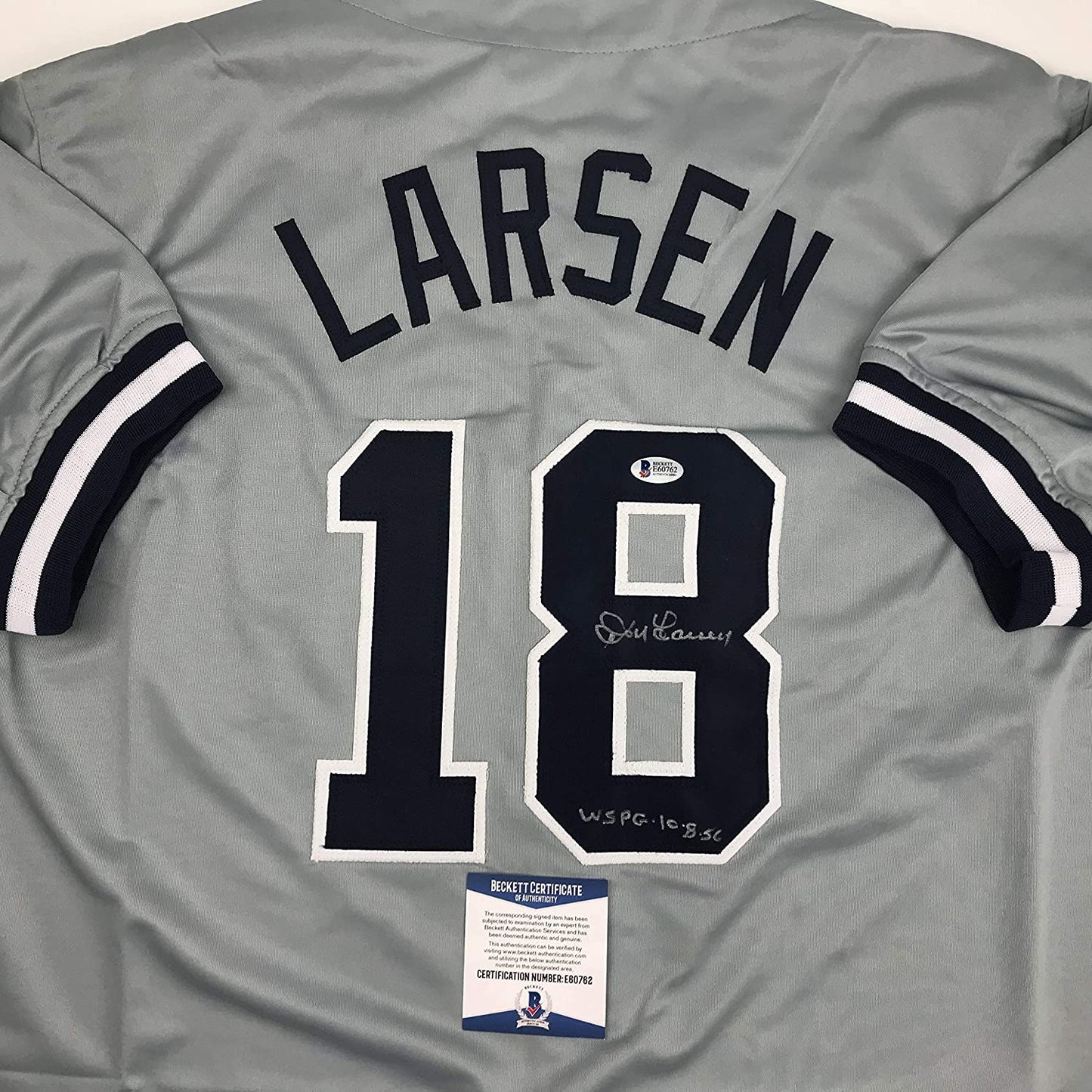 Autographed/Signed Don Larsen WS PG 10-8-56 New York Grey Baseball Jersey Beckett BAS COA