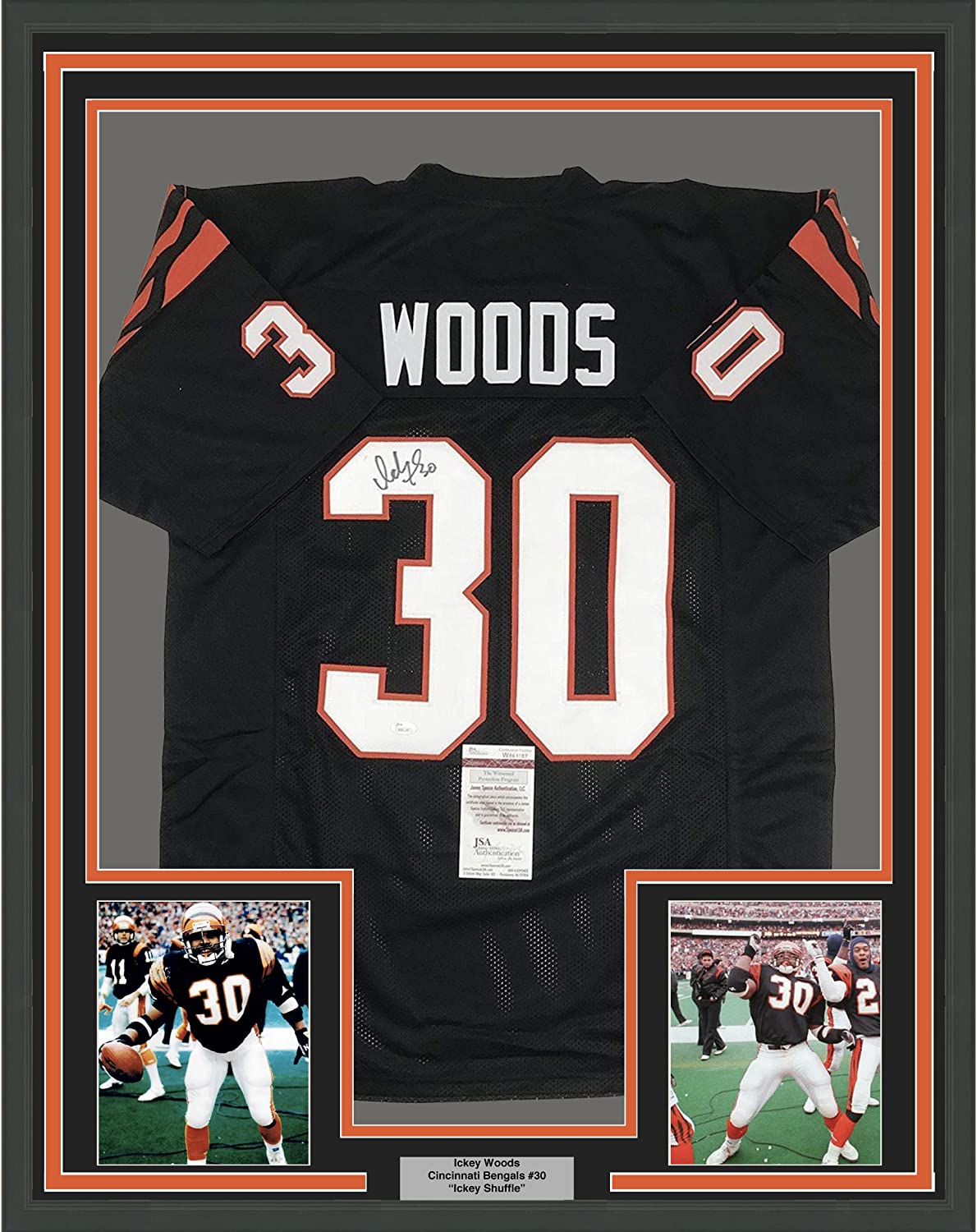 Framed Autographed/Signed Ickey Woods 35x39 Cincinnati Bengals Black Football Jersey JSA COA