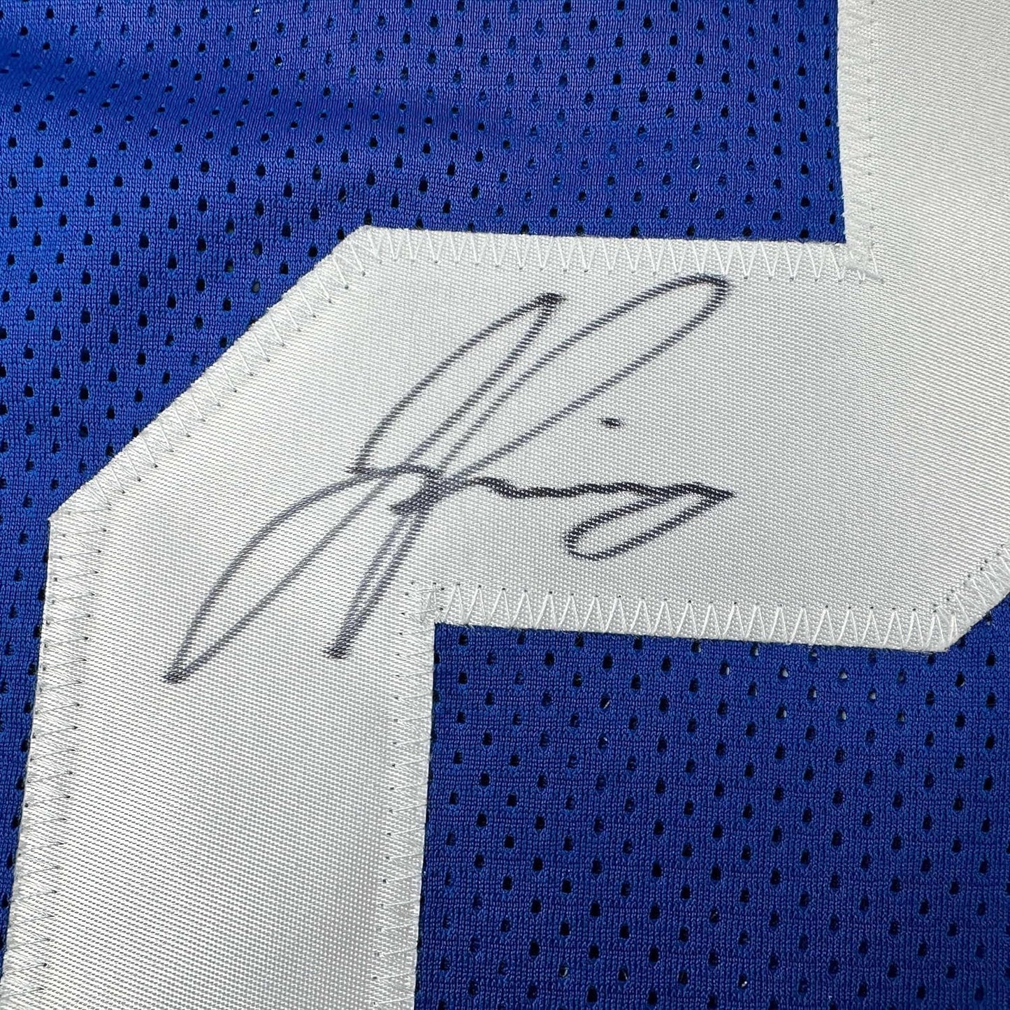 Framed Autographed/Signed Jason Pinnock 35x39 New York Blue Football Jersey PSA/DNA COA