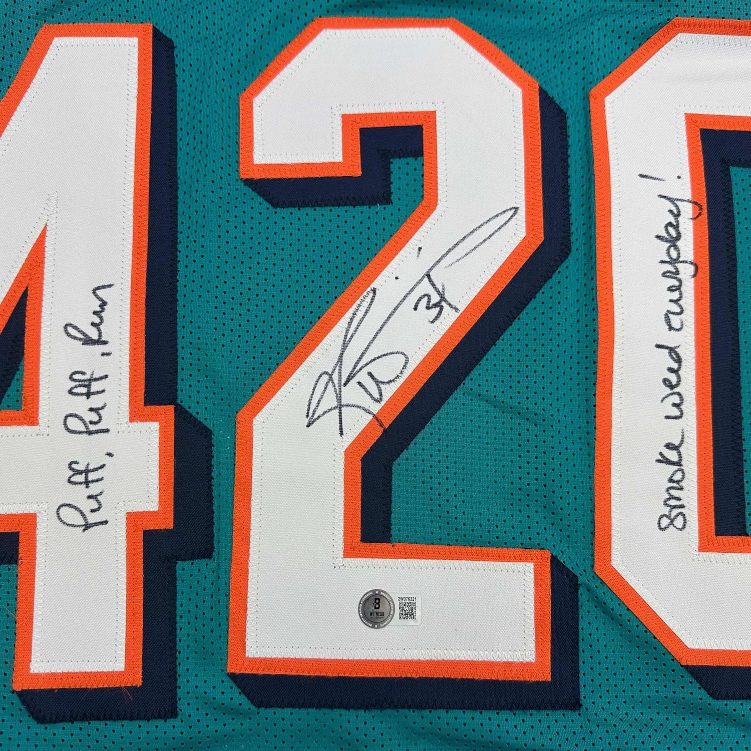Framed Autographed/Signed Ricky Williams 35x39 Smoke Weed Everyday Puff Puff Run #420 Inscribed Miami Teal Football Jersey Beckett BAS COA - Golden Apple Comics