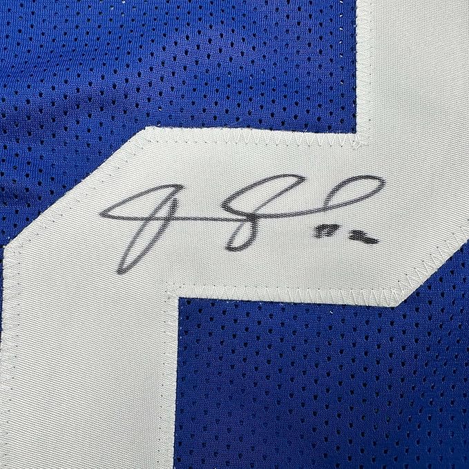 Framed Autographed/Signed Janoris Jenkins Jackrabbit 35x39 New York Blue Football Jersey JSA COA - Golden Apple Comics