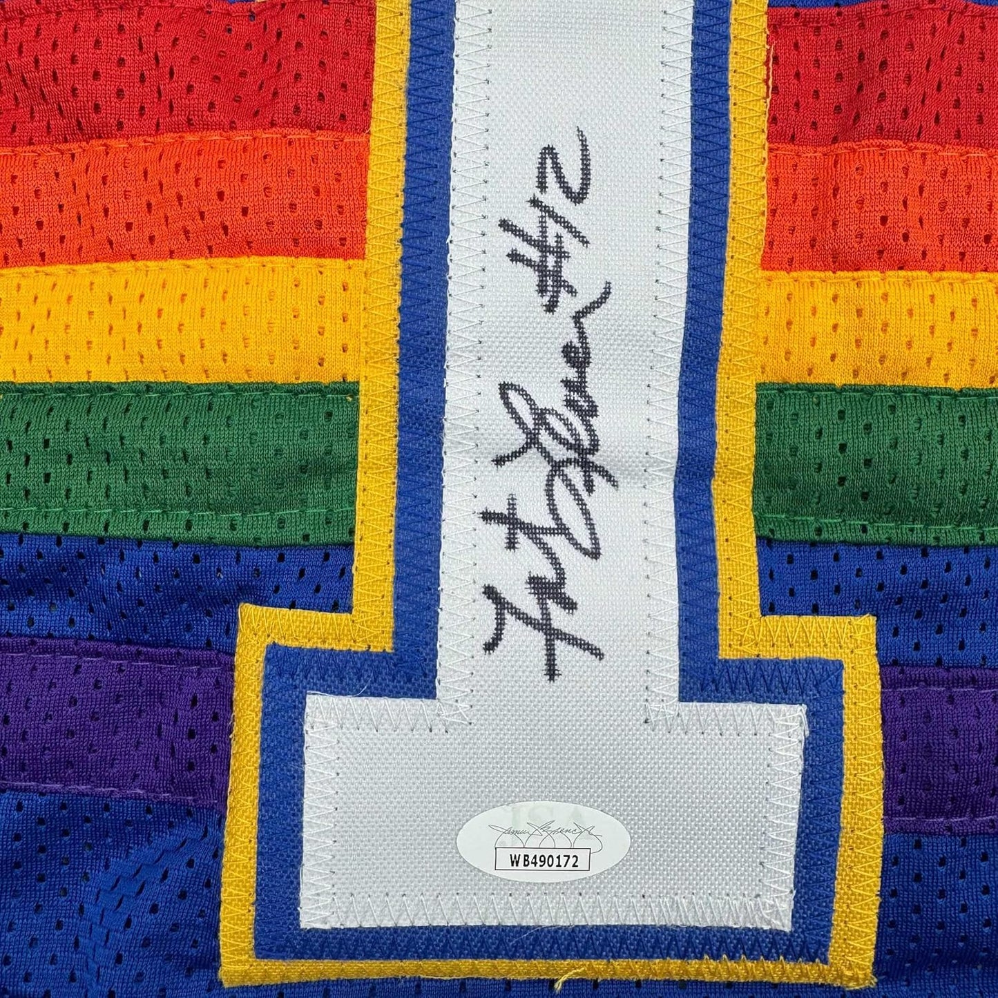 Framed Autographed/Signed Fat Lever 35x39 Denver Blue Retro Rainbow Basketball Jersey JSA COA