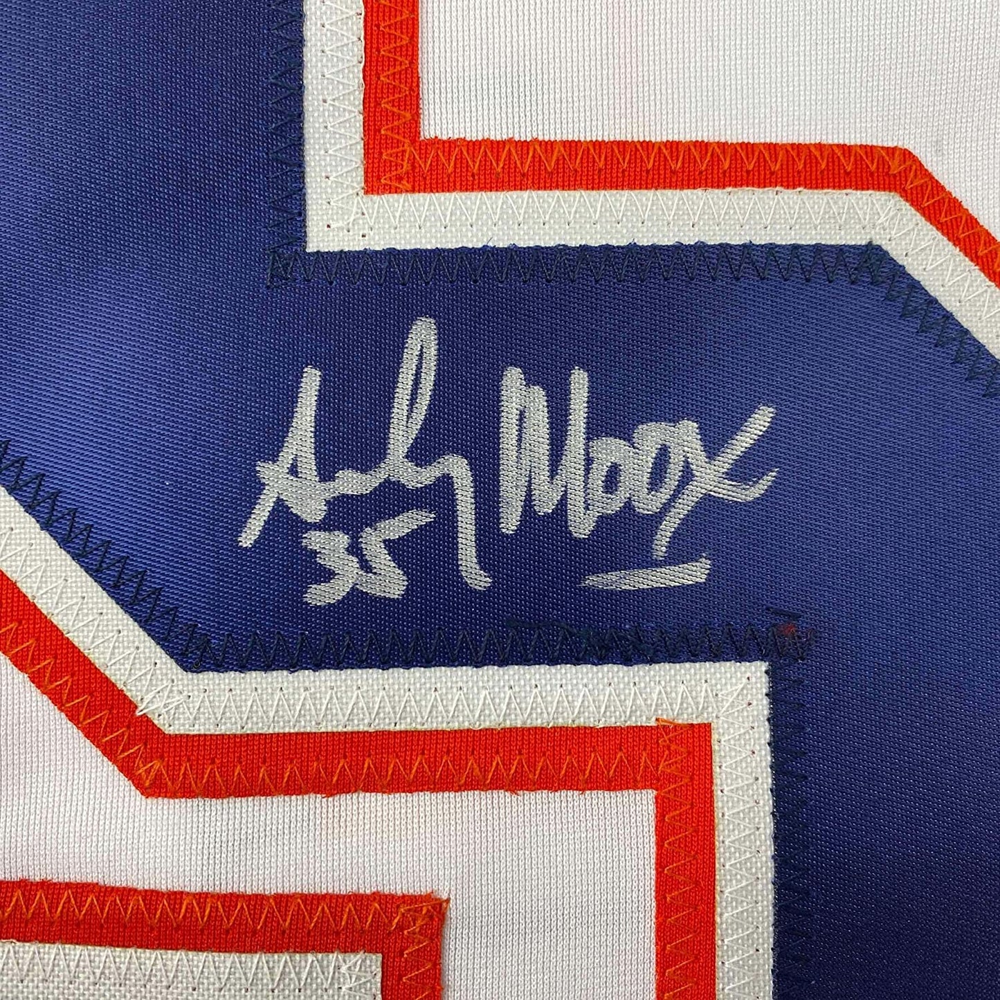 Framed Autographed/Signed Andy Moog 35x39 Edmonton White Hockey Jersey JSA COA