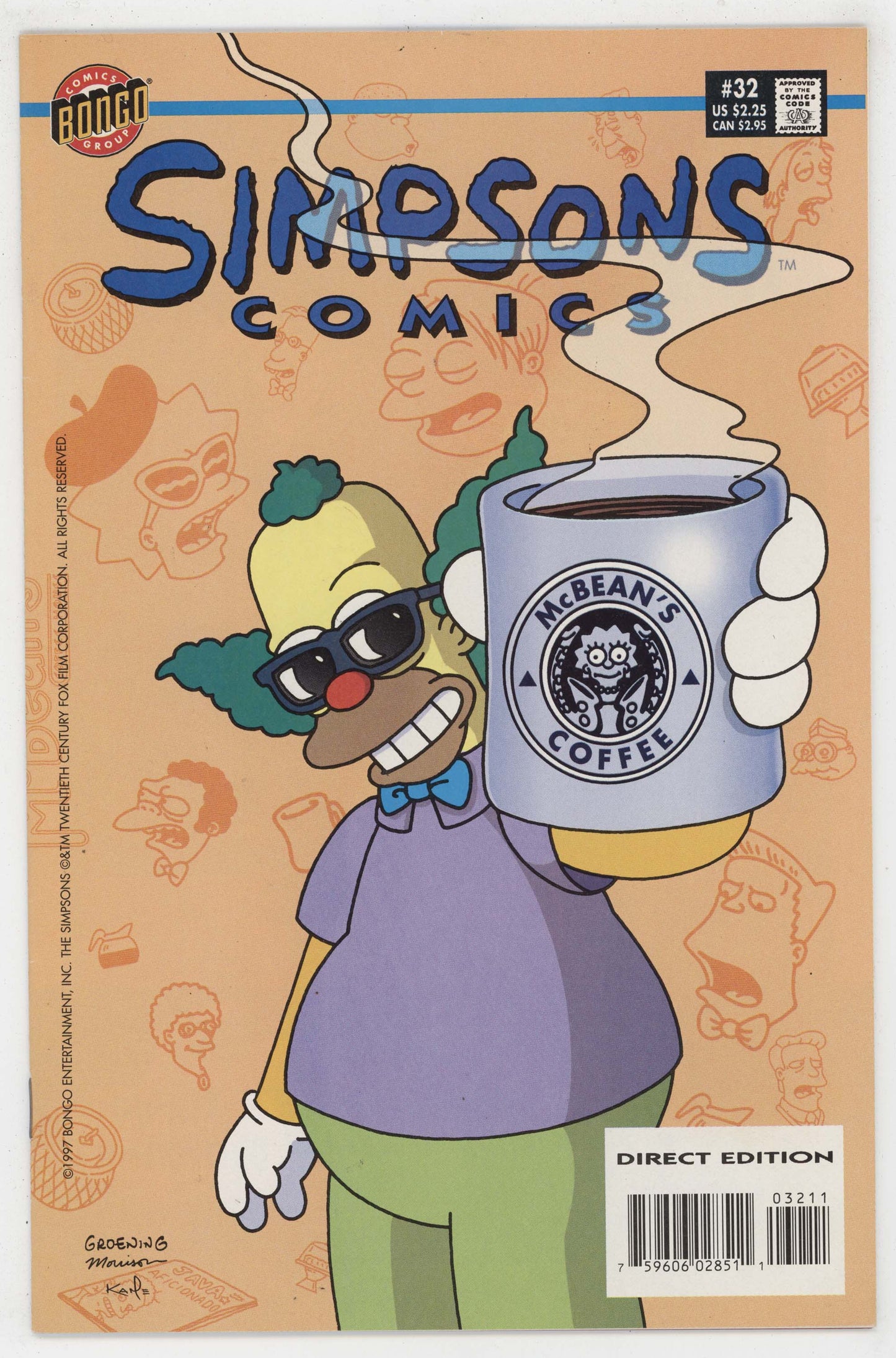 Simpons Comics 32 Bongo 1997 NM Krusty Clown Starbucks Coffee Homage