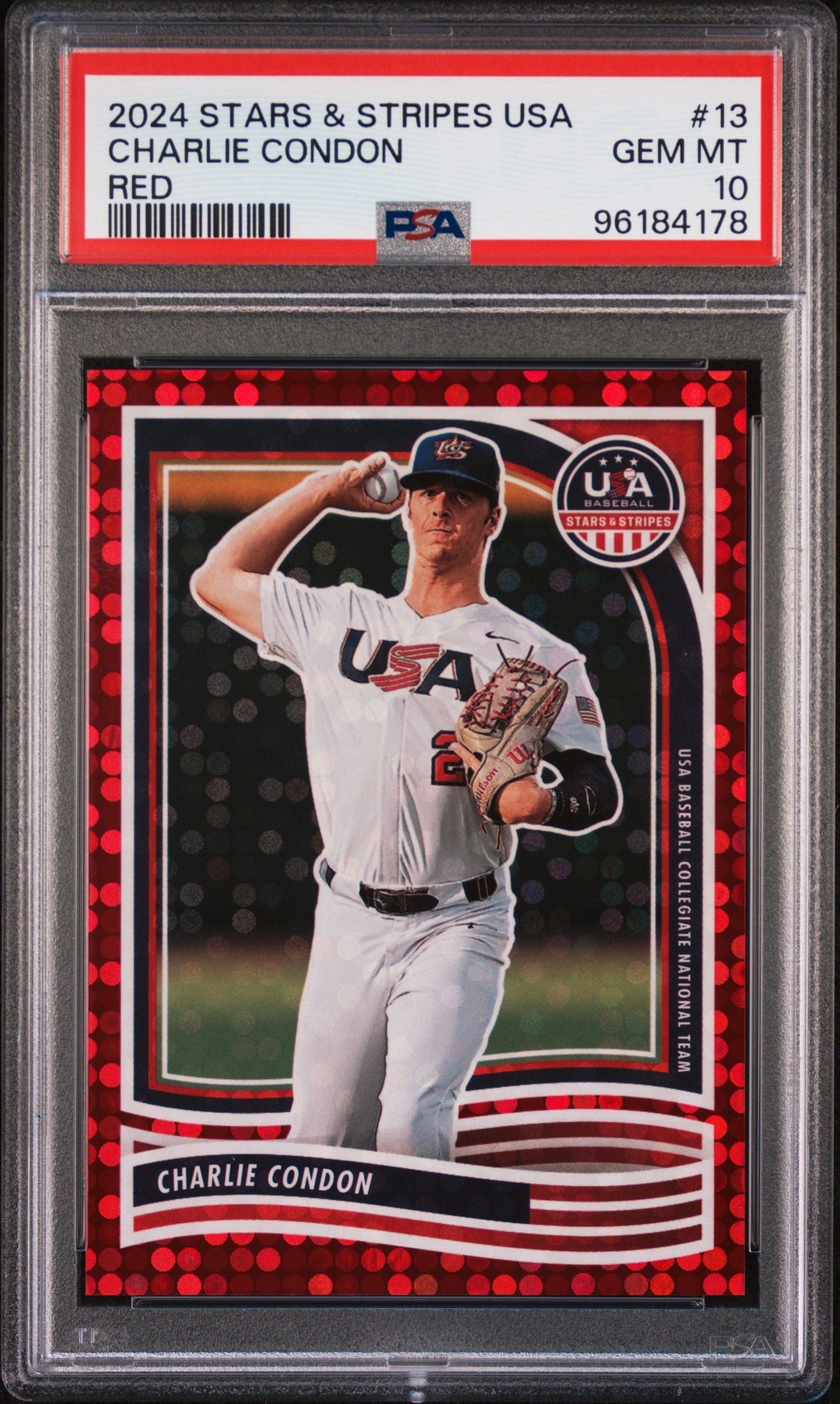 Graded 2024 Panini Stars & Stripes USA Charlie Condon #13 /199 Rookie RC Baseball Card PSA 10 Gem Mint - Golden Apple Comics