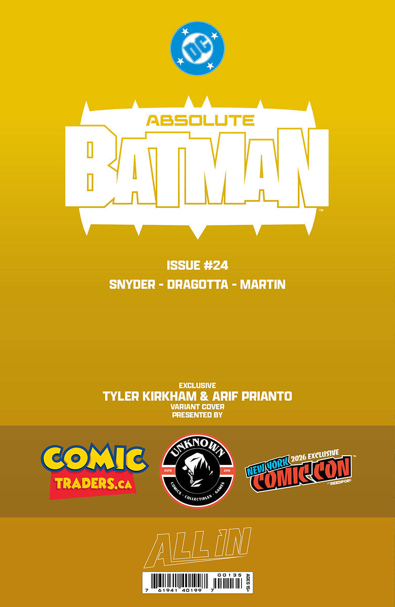[GOLD FOIL] ABSOLUTE BATMAN #24 TYLER KIRKHAM BATTLE DAMAGED THE BAT NYCC EXCLUSIVE VIRGIN VAR (10/28/2026) - Golden Apple Comics