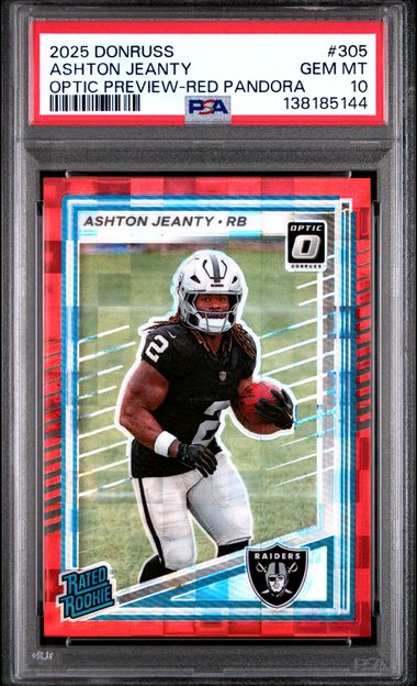 Graded 2025 Panini Donruss Ashton Jeanty #305 Optic Preview Red Pandora Rookie RC Football Card PSA 10 Gem Mint - Golden Apple Comics