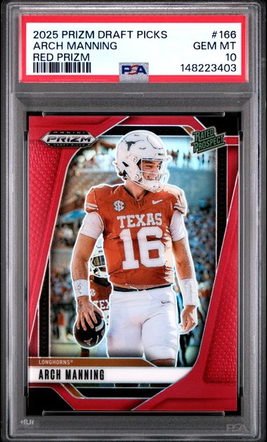 Graded 2025 Panini Prizm Draft Picks Arch Manning #166 /399 Red Prizm Rated Prospect Rookie RC Football Card PSA 10 Gem Mint