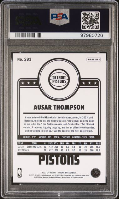 Graded 2023 Hoops Winter Ausar Thompson #293 Rookie RC Basketball Card PSA 10 Gem Mint