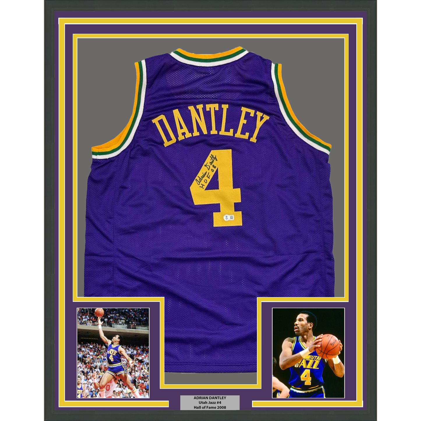 Framed Autographed/Signed Adrian Dantley 35x39 HOF 2008 Utah Purple Basketball Jersey Beckett BAS COA