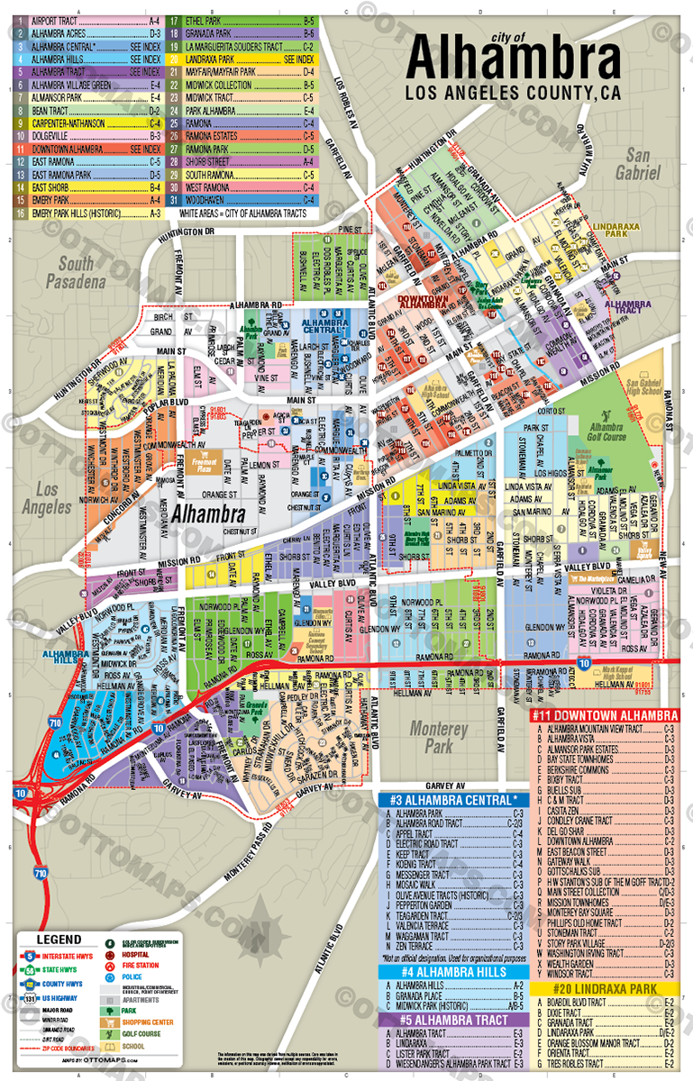 Alhambra Map, Los Angeles County, CA -  POSTER PRINTS