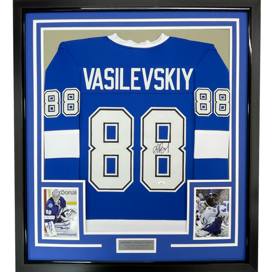 Framed Autographed/Signed Andrei Vasilevskiy 35x39 Tampa Bay Blue Hockey Jersey PSA/DNA COA