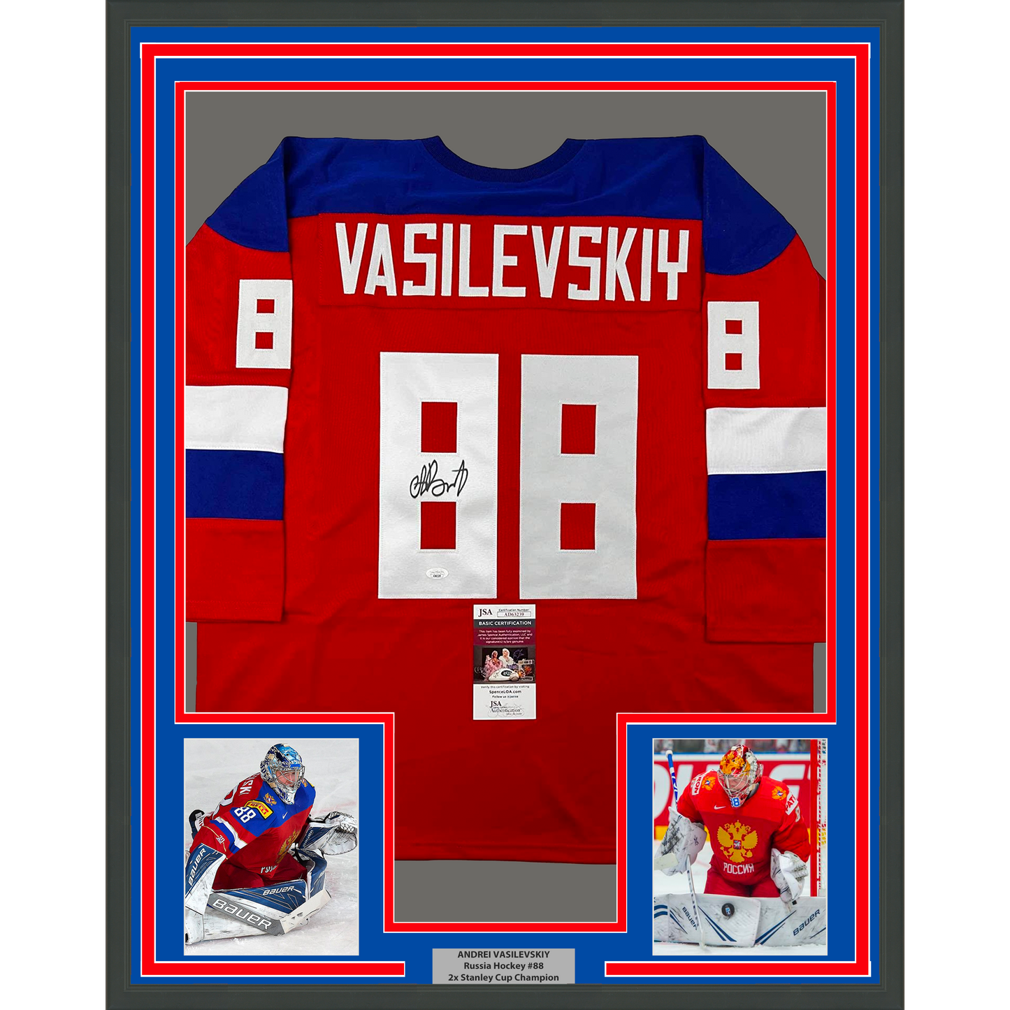 Framed Autographed/Signed Andrei Vasilevskiy 35x39 Team Russia Red Olympics Hockey Jersey JSA COA