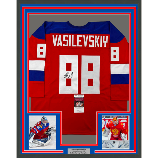 Framed Autographed/Signed Andrei Vasilevskiy 35x39 Team Russia Red Olympics Hockey Jersey JSA COA