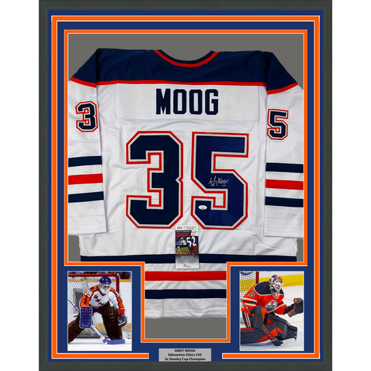 Framed Autographed/Signed Andy Moog 35x39 Edmonton White Hockey Jersey JSA COA - Golden Apple Comics