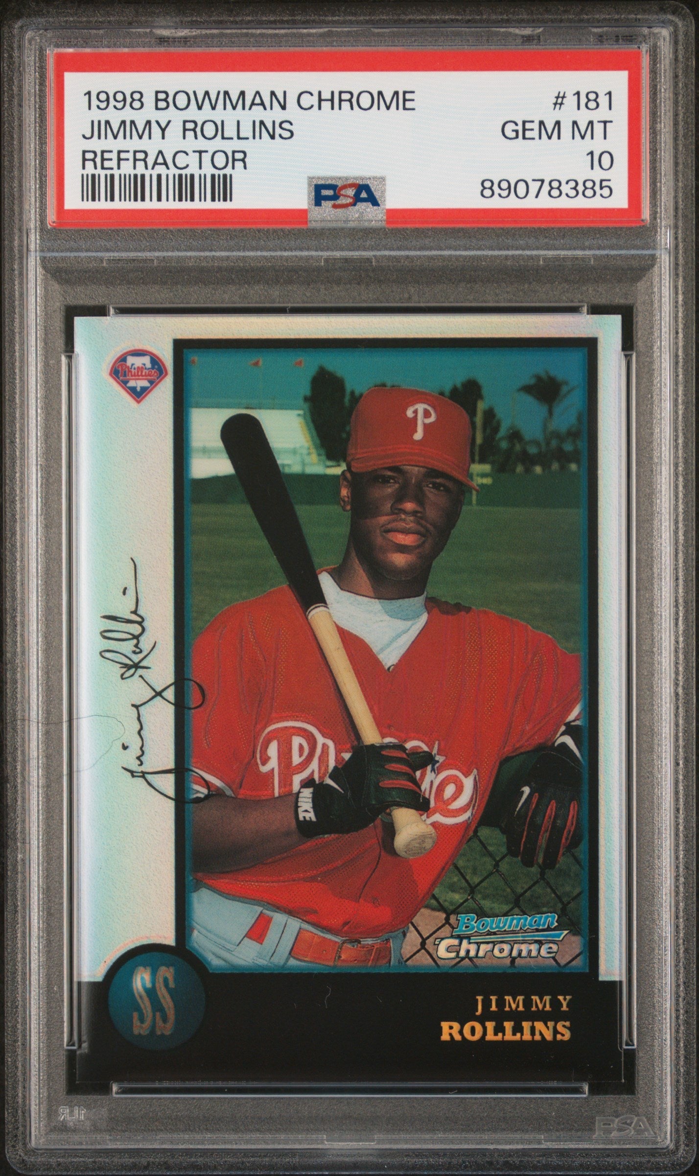 Graded 1998 Topps Bowman Chrome Jimmy Rollins #181 Refractor Rookie RC Baseball Card PSA 10 Gem Mint