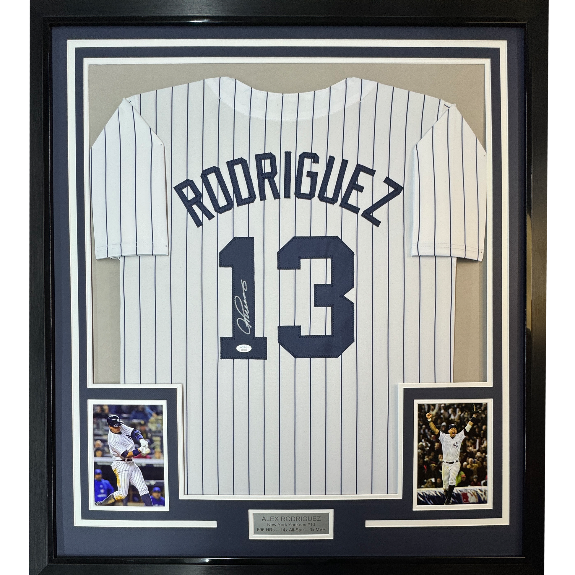 Framed Autographed/Signed Alex Rodriguez 35x39 New York Pinstripe Baseball Jersey JSA COA - Golden Apple Comics