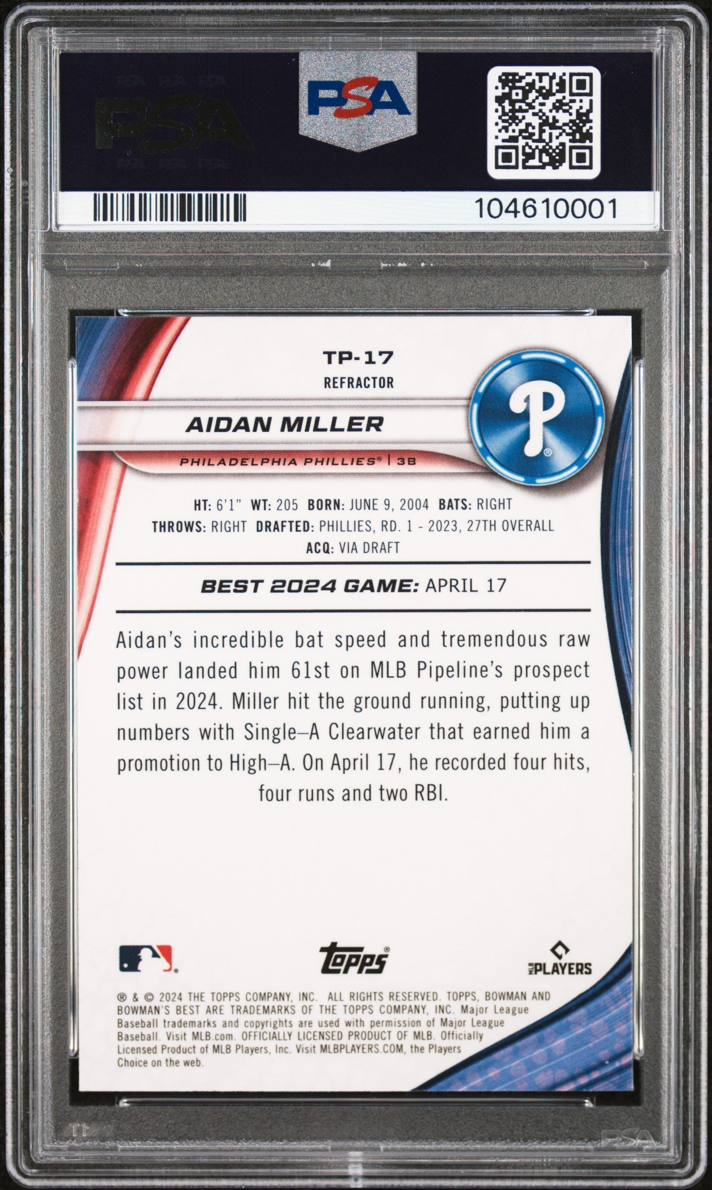 Graded 2024 Topps Bowmans Best Aidan Miller #TP17 Top Prospects Refractor Rookie RC Baseball Card PSA 10 Gem Mint - Golden Apple Comics